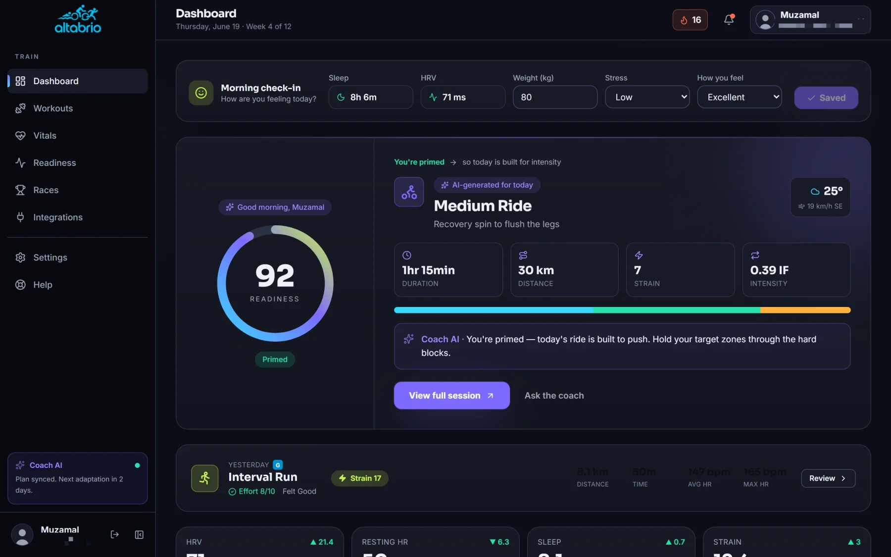 AltaBrio dashboard with readiness score, today’s workout and morning check-in